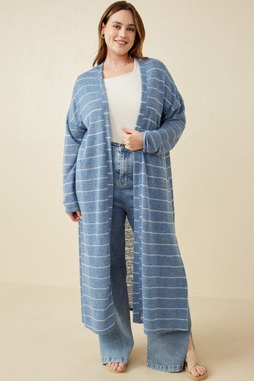 HDY7116W Mauve Plus Loose Knit Striped Open Duster Full Body